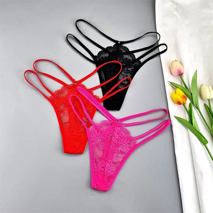 3-Piece Lace Thong Panties for Women, Low-Rise Sheer G-String Underwear, Thin Strap T-Back Lingerie, Plus Size