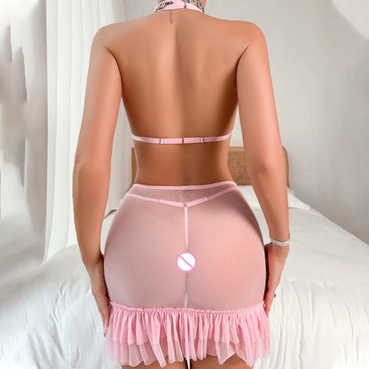 Sexy lingerie Pink Fairy Hanging Neck Underwear Spicy Girl Short Skirt Perspective Mesh Fun Three Set