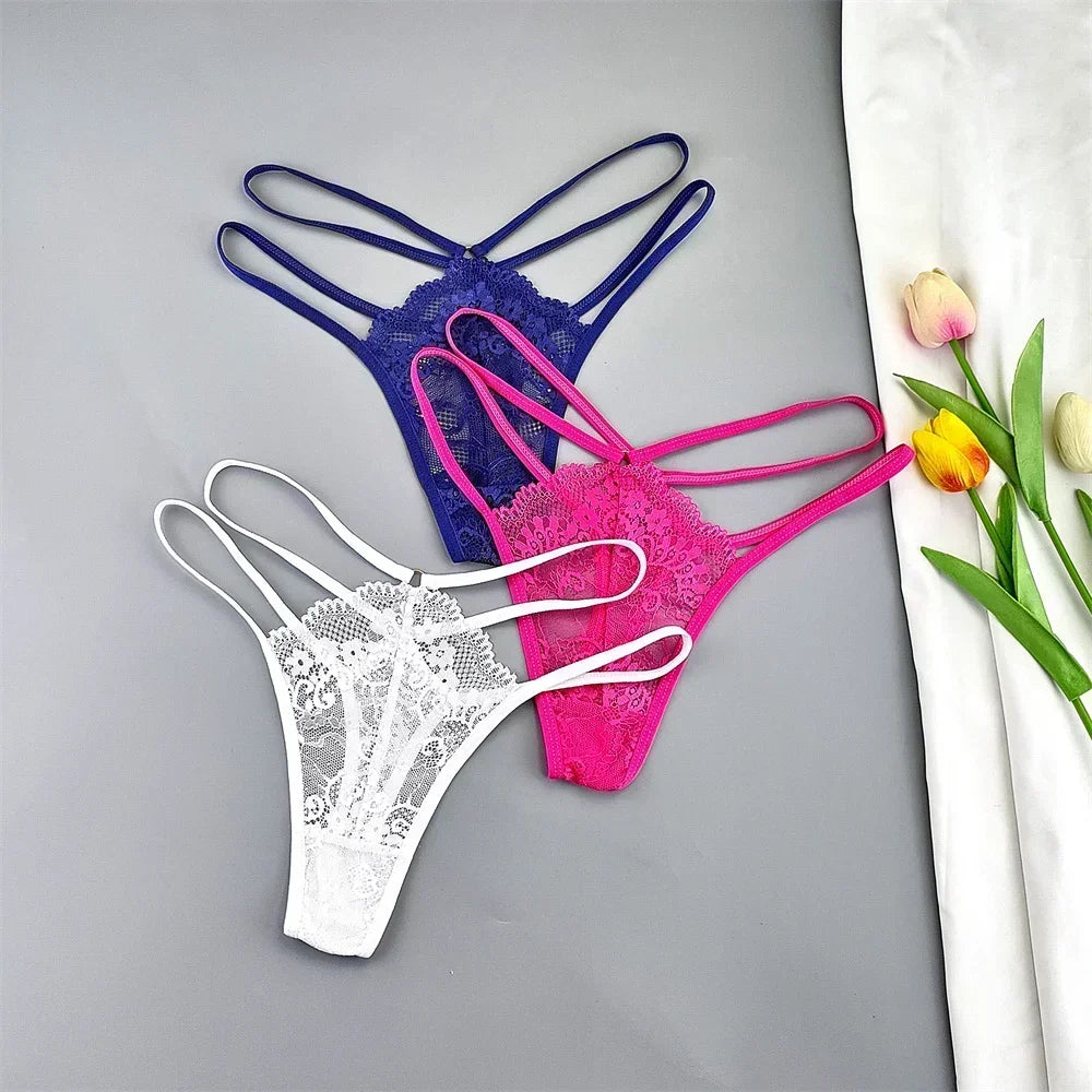 3-Piece Lace Thong Panties for Women, Low-Rise Sheer G-String Underwear, Thin Strap T-Back Lingerie, Plus Size
