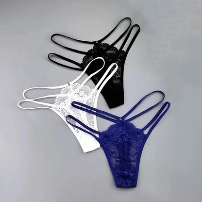 3-Piece Lace Thong Panties for Women, Low-Rise Sheer G-String Underwear, Thin Strap T-Back Lingerie, Plus Size