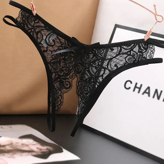 Sexy Lingerie  Panties Crotch Opening Transparent G-strings Thongs Solid Bowknot Underwear