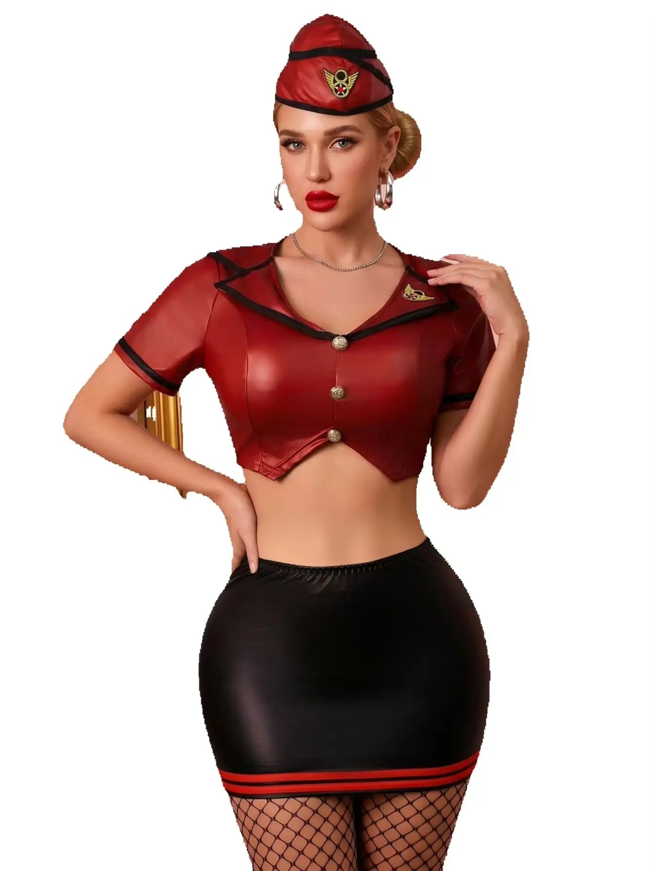 Women's Flight Attendant Costume – Faux Leather Roleplay Lingerie Set for Cosplay & Parties