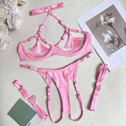 Lingerie Set Tassel Lingerie Set  Cut Out Sexy Erotic Set  Solid Brief Underwear