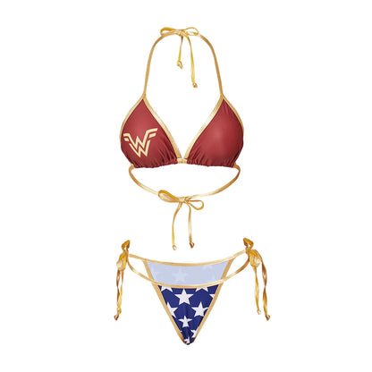 Sexy Halter Neck Lace Up Bikinis Set Superhero Swimsuit Fantasia Movie Wonder Costume Cosplay Fancy Suits