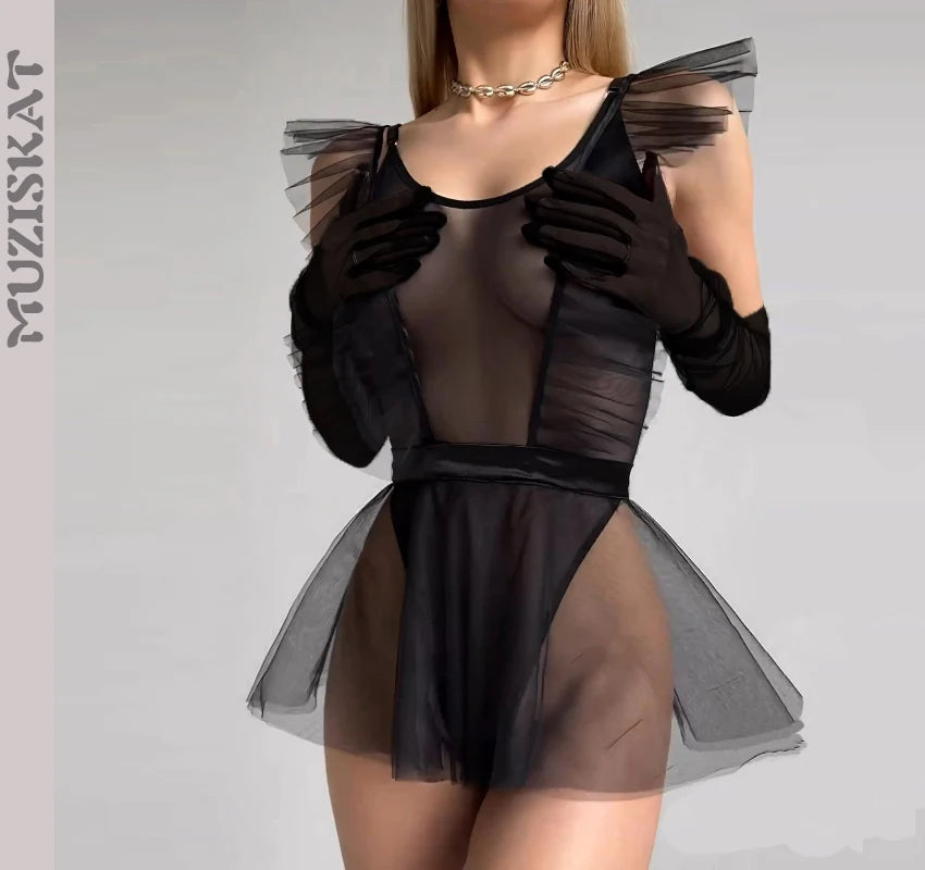 Sexy Woman's Mesh Bodysuit Lingerie Poncho Gloves Three Piece Set
