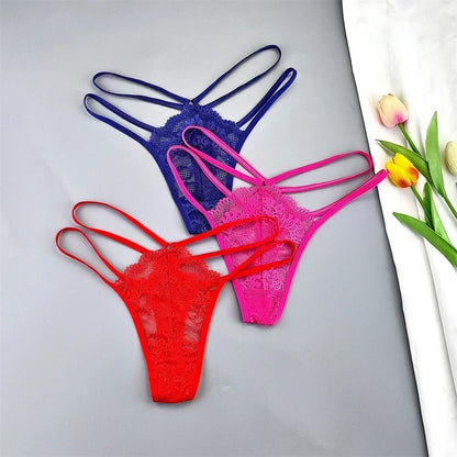3-Piece Lace Thong Panties for Women, Low-Rise Sheer G-String Underwear, Thin Strap T-Back Lingerie, Plus Size