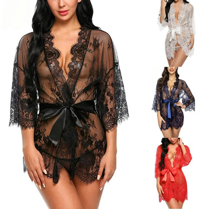 Sexy Lingerie Lace Nightgown Sleepwear Dress Robe Kimono Nightwear