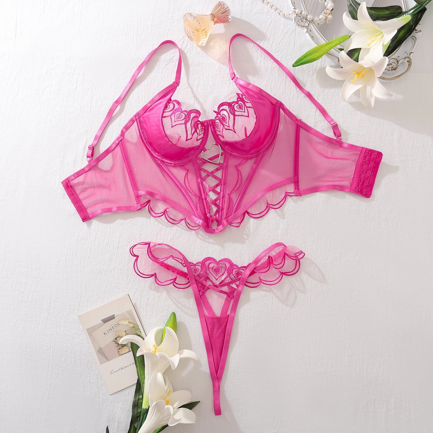 Sexy Underwear Summer New Erotic Bra and Pant Floral Embroidery See Sexy Lingerie 2-Piece set