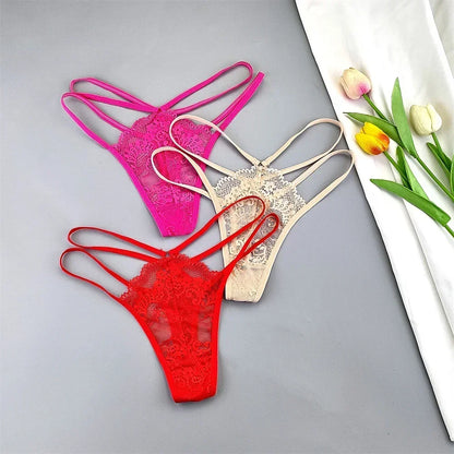 3-Piece Lace Thong Panties for Women, Low-Rise Sheer G-String Underwear, Thin Strap T-Back Lingerie, Plus Size