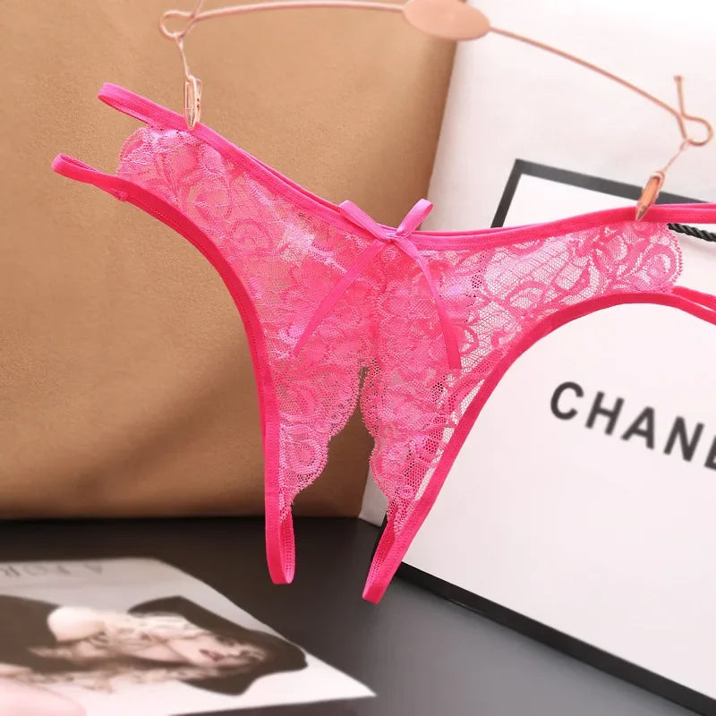 Sexy Lingerie  Panties Crotch Opening Transparent G-strings Thongs Solid Bowknot Underwear