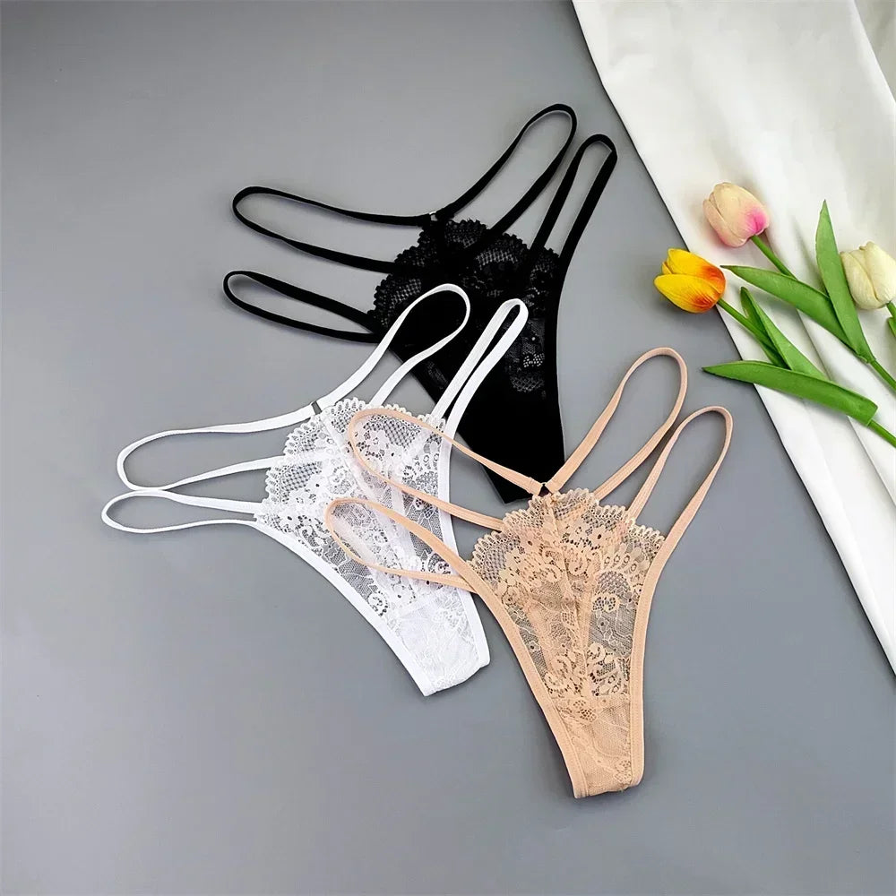 3-Piece Lace Thong Panties for Women, Low-Rise Sheer G-String Underwear, Thin Strap T-Back Lingerie, Plus Size