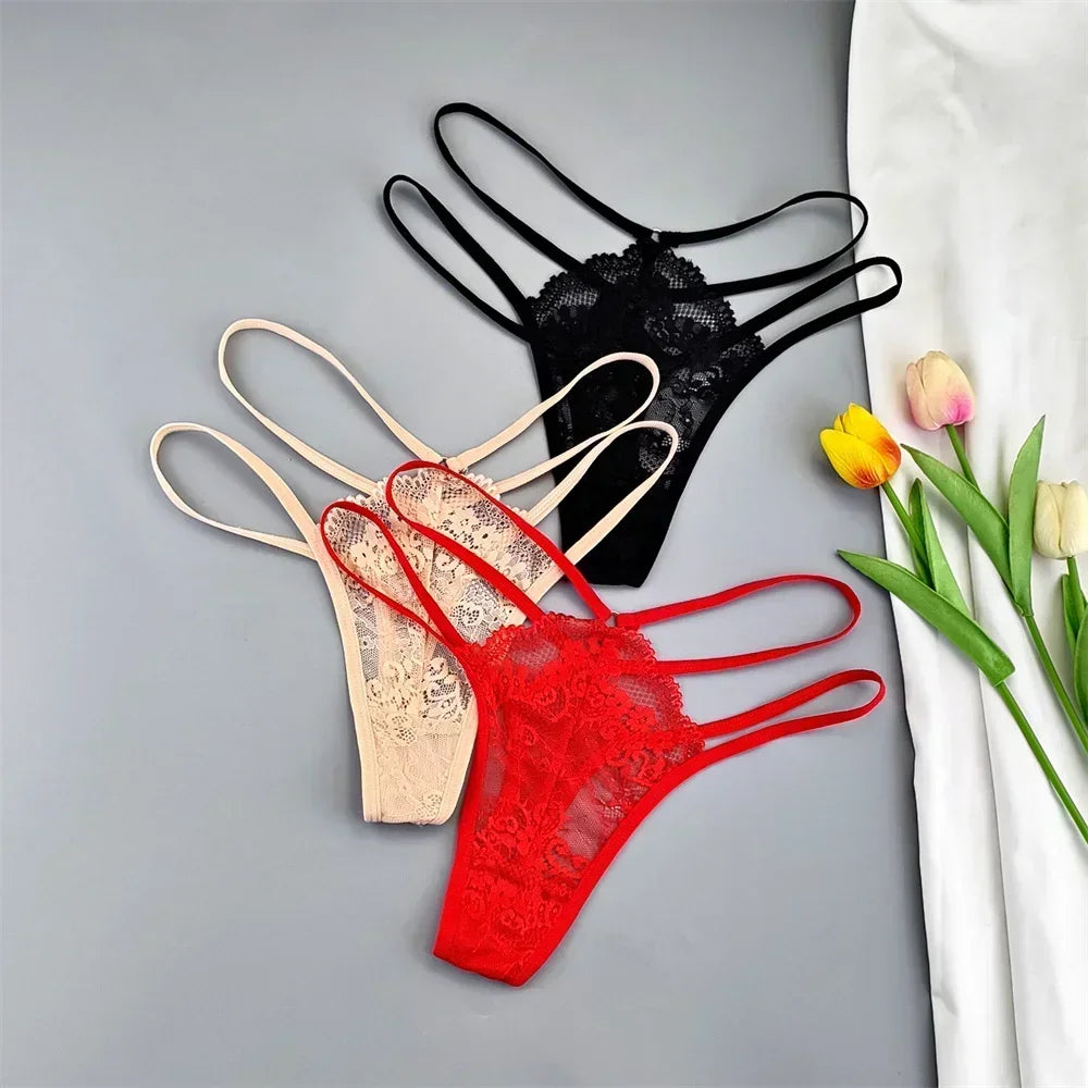 3-Piece Lace Thong Panties for Women, Low-Rise Sheer G-String Underwear, Thin Strap T-Back Lingerie, Plus Size