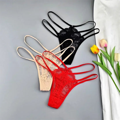 3-Piece Lace Thong Panties for Women, Low-Rise Sheer G-String Underwear, Thin Strap T-Back Lingerie, Plus Size