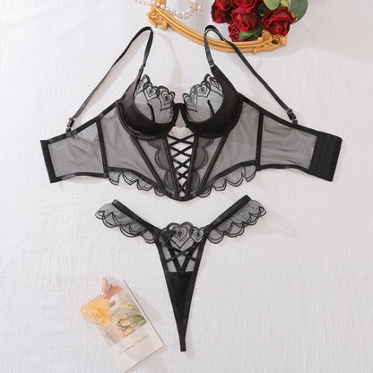 Sexy Underwear Summer New Erotic Bra and Pant Floral Embroidery See Sexy Lingerie 2-Piece set