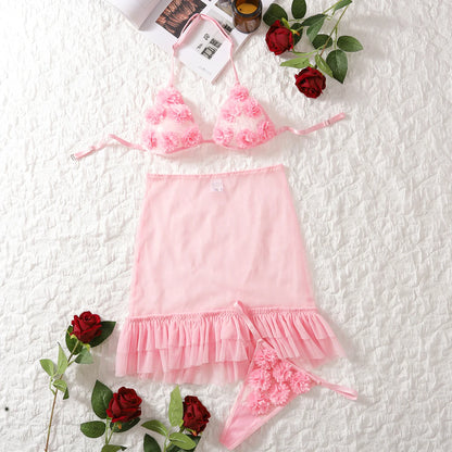 Sexy lingerie Pink Fairy Hanging Neck Underwear Spicy Girl Short Skirt Perspective Mesh Fun Three Set