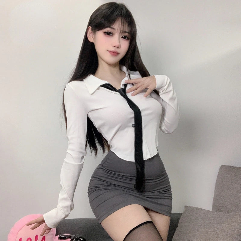 Sexy Secretary Cosplay Uniform Costume White Shirt Mini Skirt Set Women OL Teacher Outfits