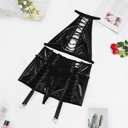 Sexy Leather Cloth Patchwork Mesh Cross Strap Sexy Hanging Neck Beauty Back Erotic Lingerie Set