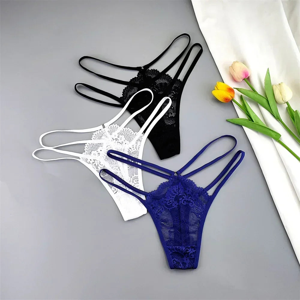 3-Piece Lace Thong Panties for Women, Low-Rise Sheer G-String Underwear, Thin Strap T-Back Lingerie, Plus Size