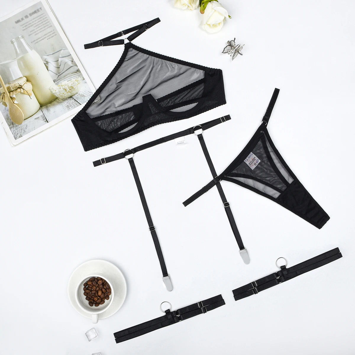 Sexy Hanging Neck Lingerie Erotica Kit Ultra-Thin See-Through Mesh Steel Ring Gathered Four-Piece Set