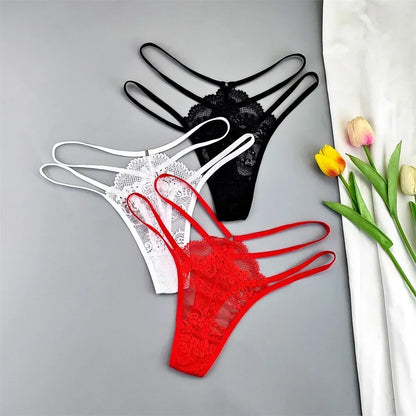 3-Piece Lace Thong Panties for Women, Low-Rise Sheer G-String Underwear, Thin Strap T-Back Lingerie, Plus Size