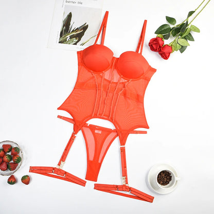 Bodysuit Backless Tops for Women 3 Piece Lingerie Set with Garter Sexy dresses