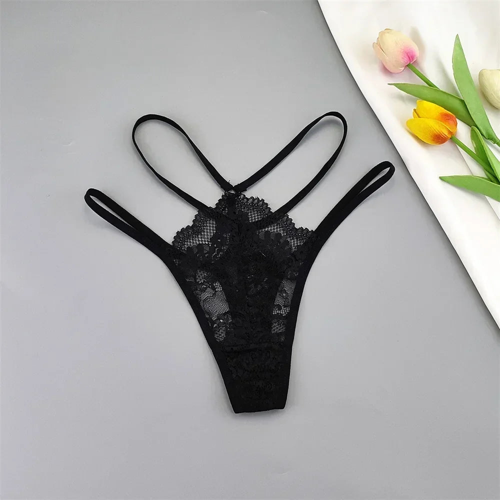 3-Piece Lace Thong Panties for Women, Low-Rise Sheer G-String Underwear, Thin Strap T-Back Lingerie, Plus Size