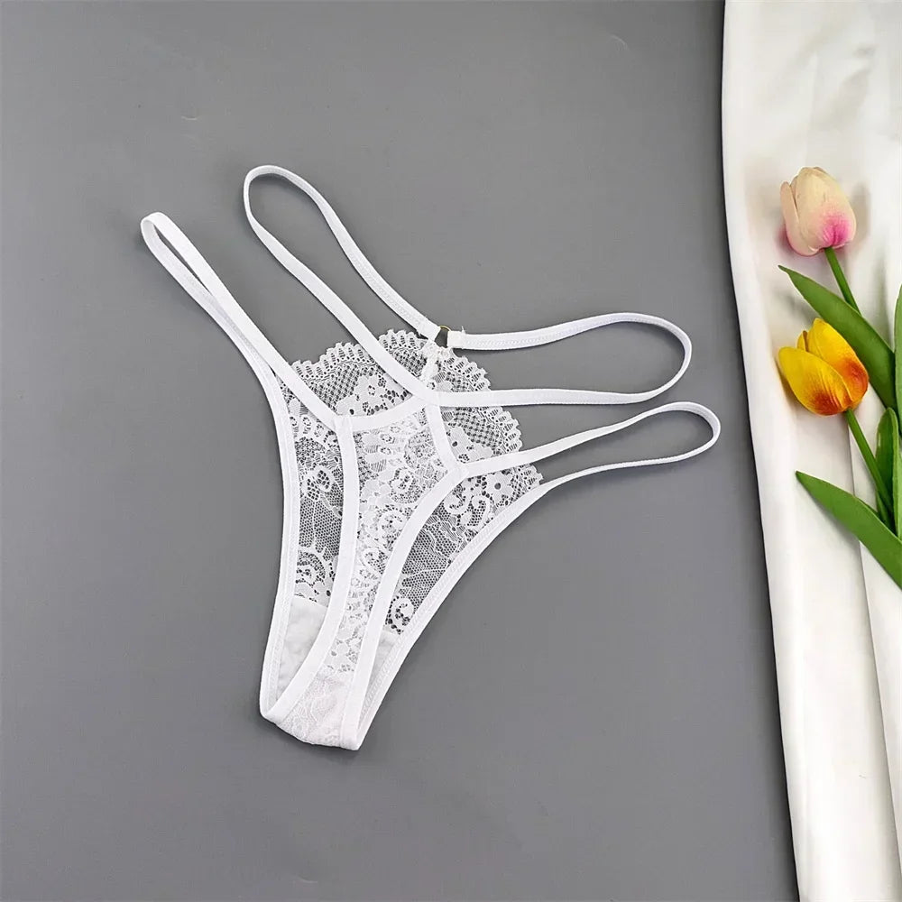 3-Piece Lace Thong Panties for Women, Low-Rise Sheer G-String Underwear, Thin Strap T-Back Lingerie, Plus Size