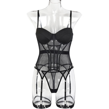 Bodysuit Backless Tops for Women 3 Piece Lingerie Set with Garter Sexy dresses