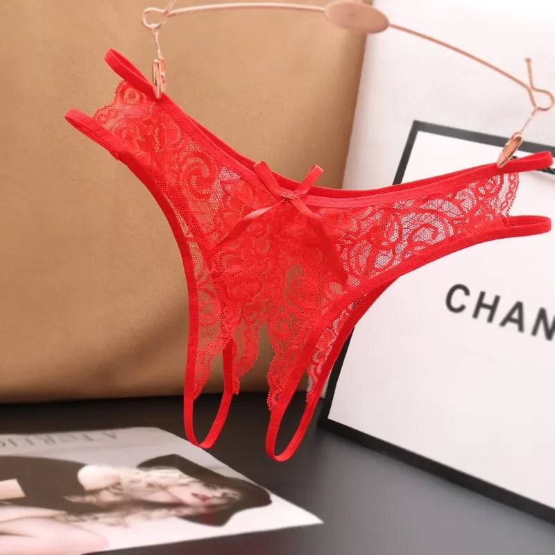 Sexy Lingerie  Panties Crotch Opening Transparent G-strings Thongs Solid Bowknot Underwear